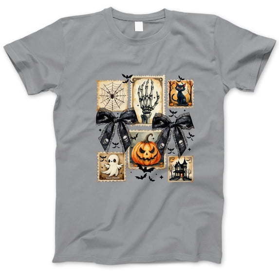 Halloween Postage Stamp T-Shirt, Vintage Spooky Collage Tee with Pumpkin Ghost Cat Skeleton, Gothic Aesthetic Shirt, Fall Festival Gift