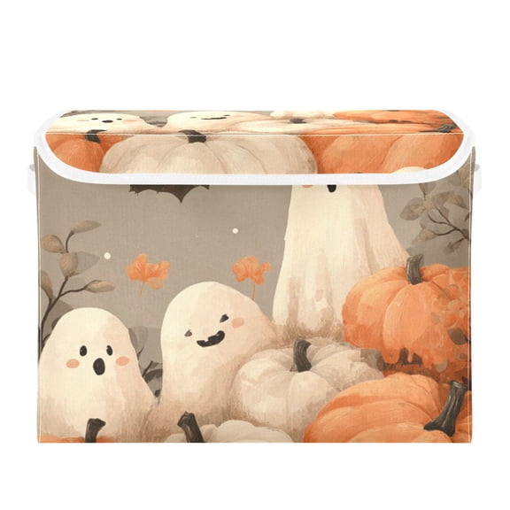 Halloween Poster Piled Pumpkins Cute Specters Foldable Storage Bins with Lids Handles Collapsible Storage Containers Tote Boxes 16.5 x 12.6 x 11.8 inches