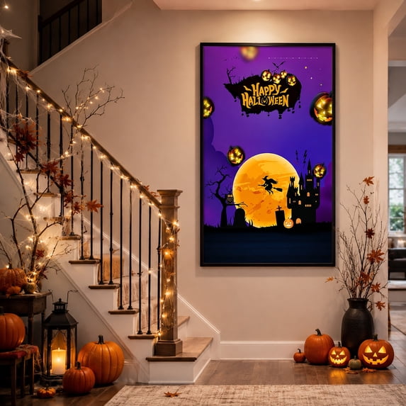 Halloween Poster with Spooky Moon Witch Pumpkin Print, Themed Hanging Wall Art for Home Party, Gothic Festive Decor