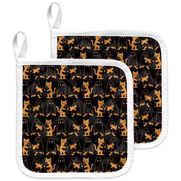 Halloween Pot Holders for Kitchen Heatproof Potholder, 2 Pack Black Orange Cartoon Scary Ghosts Cat Hot Pads Multipurpose Oven Pads Terry Cloth Potholders Trivet for Cooking and Baking