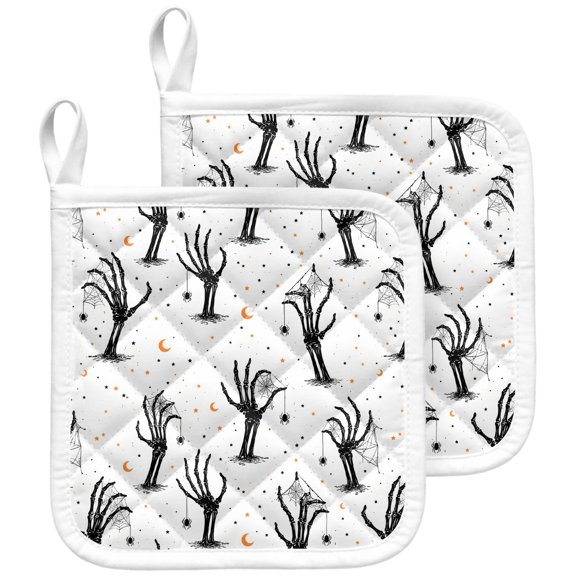 Halloween Pot Holders for Kitchen Heatproof Potholder, 2 Pack Black White Hand Moon Hot Pads Multipurpose Oven Pads Terry Cloth Potholders Trivet for Cooking and Baking