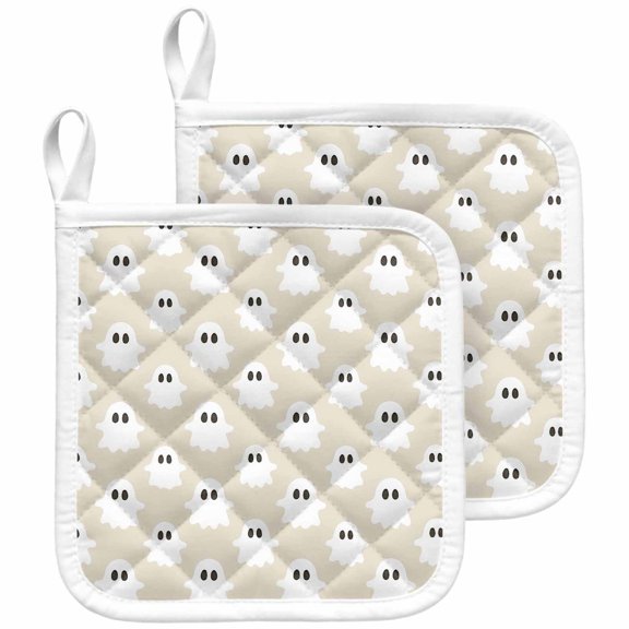 Halloween Pot Holders for Kitchen Heatproof Potholder, 2 Pack Brown White Spooky Green Eyes Ghost Floating Hot Pads Multipurpose Oven Pads Terry Cloth Potholders Trivet for Cooking and Baking
