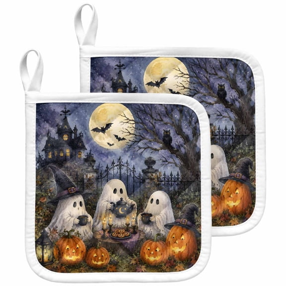 Halloween Pot Holders for Kitchen Heatproof Potholder, 2 Pack Horror Ghost Haunted-House Orange Pumpkin Rustic Hot Pads Multipurpose Oven Pads Terry Cloth Potholders Trivet for Cooking and Baking