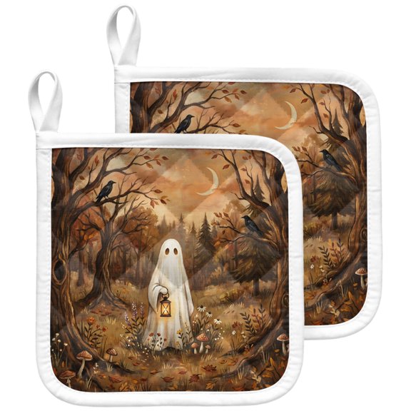 Halloween Pot Holders for Kitchen Heatproof Potholder, 2 Pack Spooky White Ghost Bare Trees Horror Hot Pads Multipurpose Oven Pads Terry Cloth Potholders Trivet for Cooking and Baking