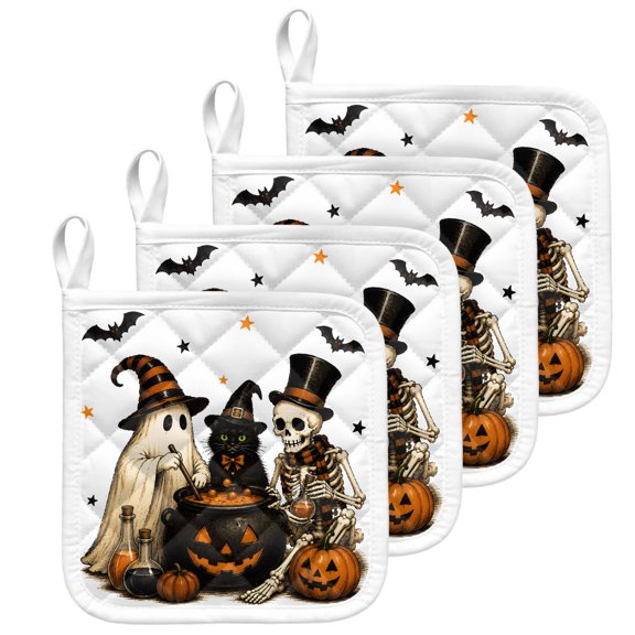 Halloween Pot Holders for Kitchen Heatproof Potholder, 4 Pack Funny Ghost Black Cat Skull Pumpkins Hot Pads Multipurpose Oven Pads Terry Cloth Potholders Trivet for Cooking and Baking