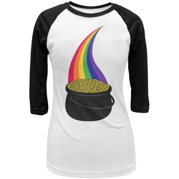 Halloween Pot of Gold Rainbow Costume Juniors 3/4 Sleeve Raglan T Shirt White-Black SM