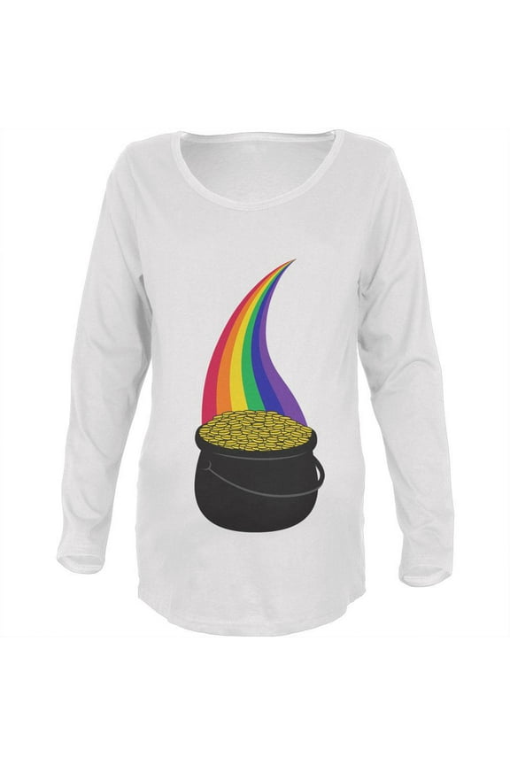 Halloween Pot of Gold Rainbow Costume Pregnant Maternity Soft Long Sleeve T Shirt White LG