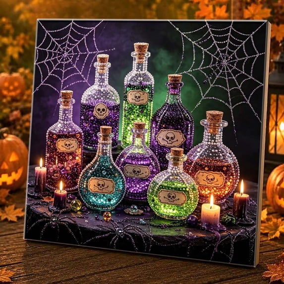 Halloween Potion Bottle 3D Pearl Diamond Art Kit Full Drill Shaped Rhinestone Painting for Adults Beginners Gothic Skull Spider Web Candle Wall Decor Holiday Handmade Gift