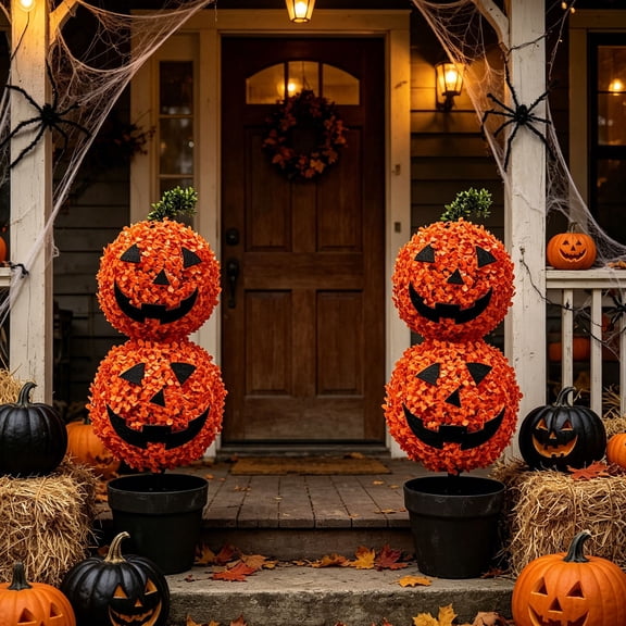 Halloween Potted Jack O Lantern Topiary, Artificial Orange Floral Pumpkin Tree with Pot, Indoor Outdoor Fall Porch Halloween Decorations 65cm