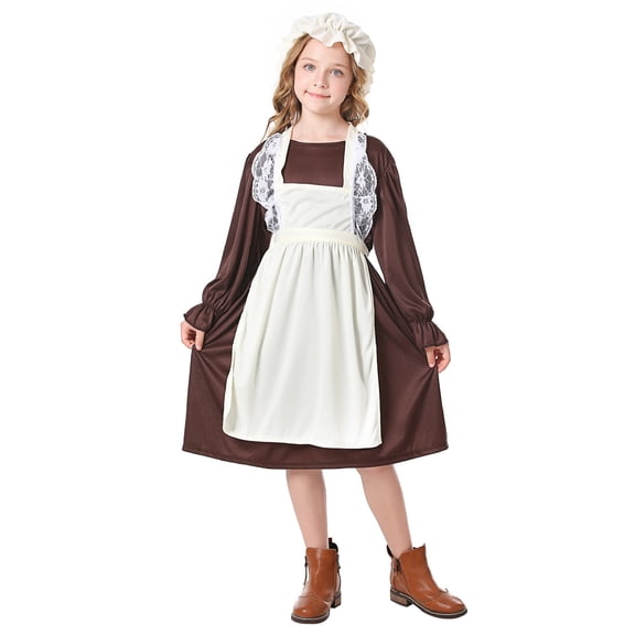 Halloween Prairie Pioneer Dress Colonial Long Sleeve Maid Peasant Dress with Headscarf for Cosp*lay Party