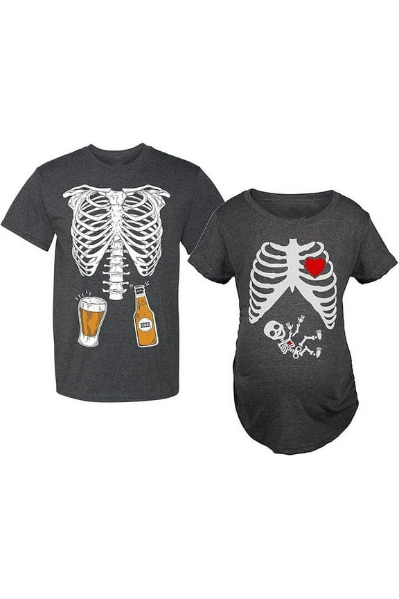 Halloween Pregnancy Baby Boy Xray Shirt Beer Skeleton Costume for Couples Dad Black XX-Large / Mom Black Small