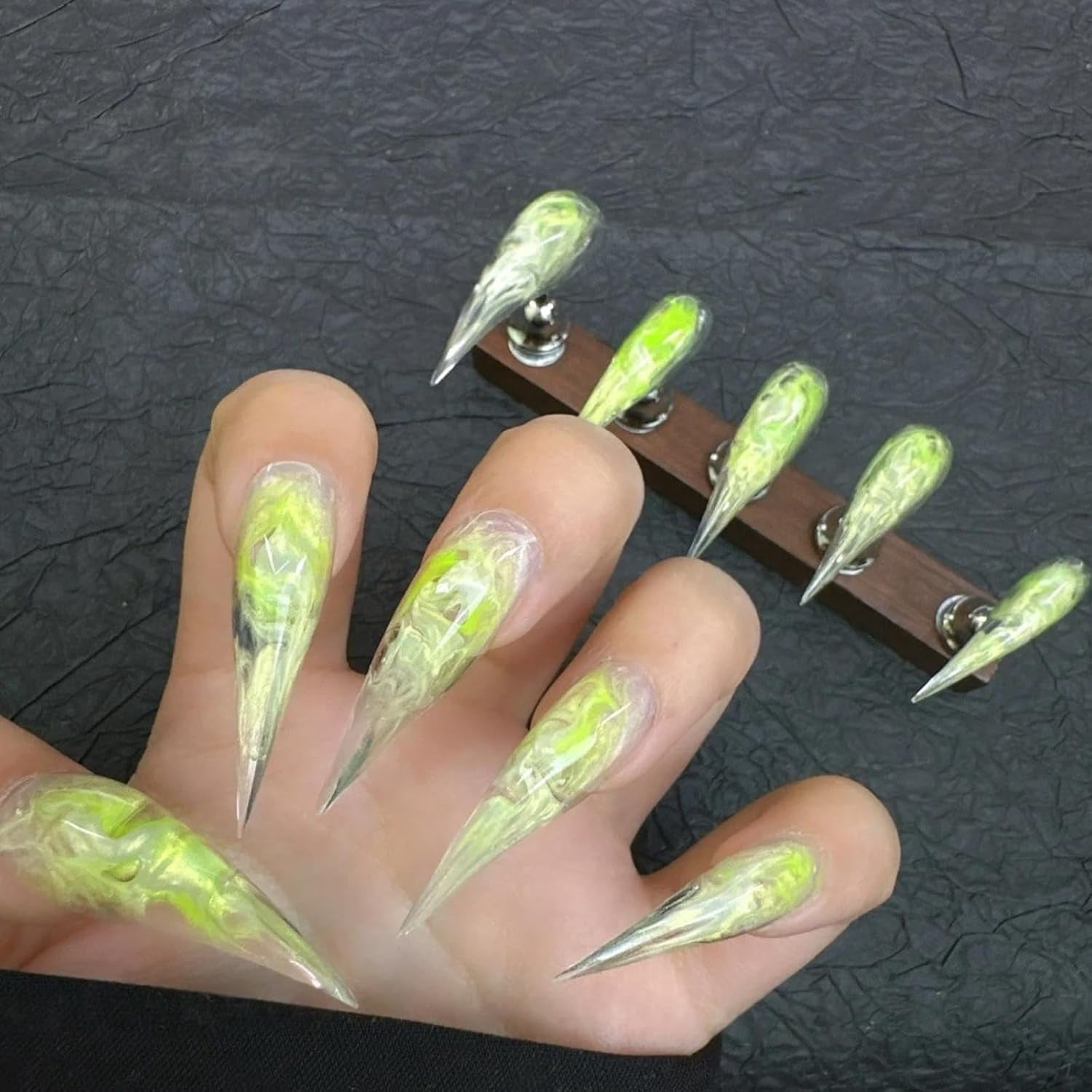 Halloween Press Claw on Nails Long Stiletto Aurora Green Ombre Gothic Style Witch Press on Nails Reusable Thick Acrylic Cat Dragon Eagle Claw False Nail Glossy Glue on Nail