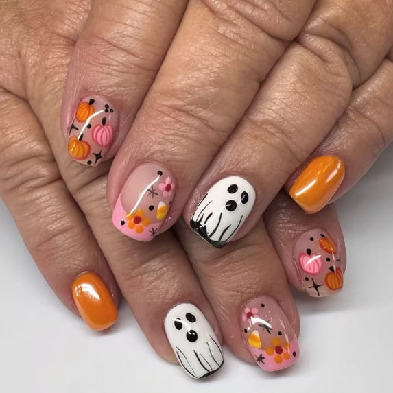 Halloween Press On Nails 24 Pcs, Cute Spooky False Nails with Pumpkin Ghost Bat Web Designs, Medium Almond and Coffin Shapes Reusable Fake Nail Tips for Halloween Party, Women's Artificial Nails Set