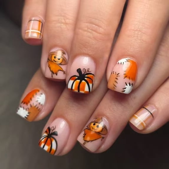 Halloween Press On Nails 24 Pcs, Cute Spooky False Nails with Pumpkin Ghost Bat Web Designs, Medium Almond and Coffin Shapes Reusable Fake Nail Tips for Halloween Party, Women's Artificial Nails Set