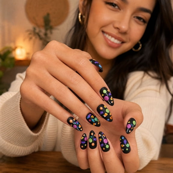 Halloween Press on Nails, 24PCS Short Almond Fake Nails with Candy Lollipops & Pumpkin Design, Detachable Black Full Cover False Nails with Nail File & Jelly Glue, for Women Party Wear