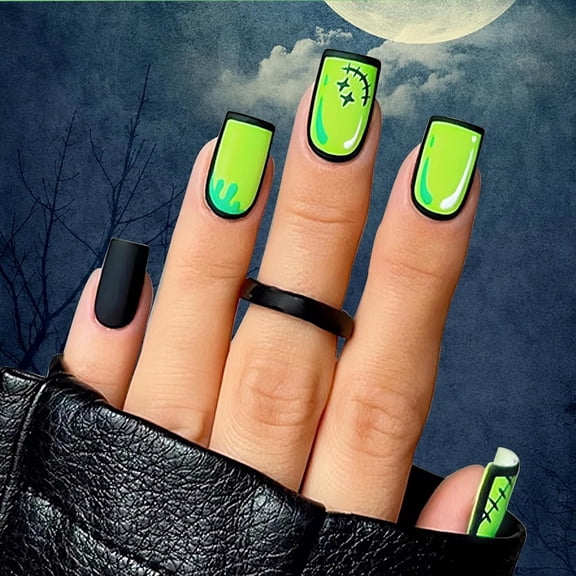 Halloween Press on Nails 3D Spider Acrylic Nails Designs Extra Long Square False Nail with Patch Terror Skull and Spider Web Design Full Cover False on Nails Stick on Nail for Women 24 Pcs