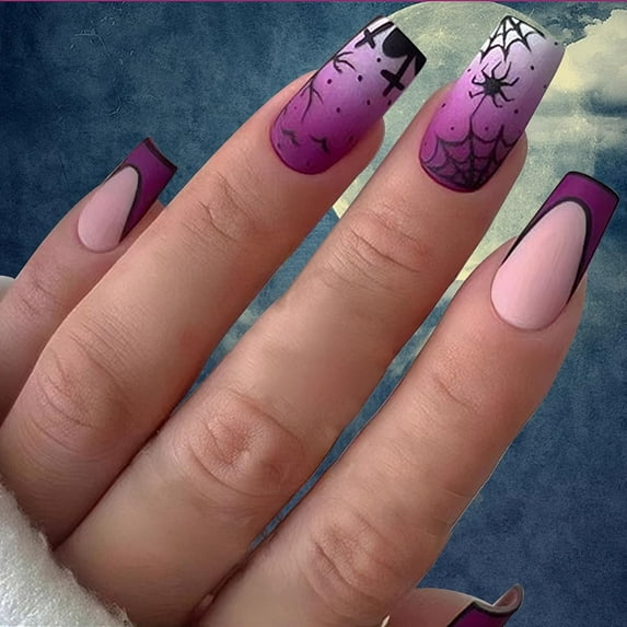 Halloween Press on Nails 3D Spider Acrylic Nails Designs Extra Long Square False Nail with Patch Terror Skull and Spider Web Design Full Cover False on Nails Stick on Nail for Women 24 Pcs