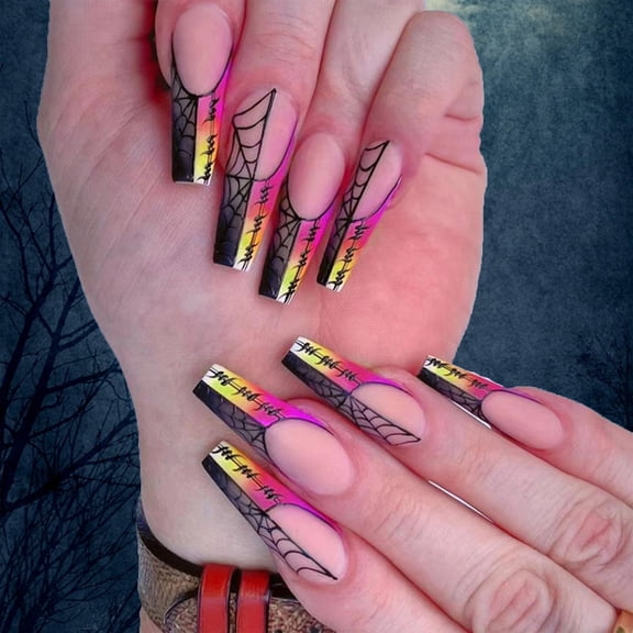 Halloween Press on Nails 3D Spider Acrylic Nails Designs Extra Long Square False Nail with Patch Terror Skull and Spider Web Design Full Cover False on Nails Stick on Nail for Women 24 Pcs