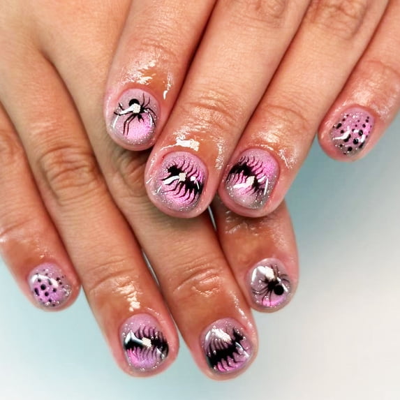Halloween Press On Nails 4 Styles 24 Pcs, Spooky Fake Nails Set with Pumpkin Bat Drip Blood Web Designs, Reusable False Nail Tips for Halloween Party, DIY Home Manicure Kit for Women Girls