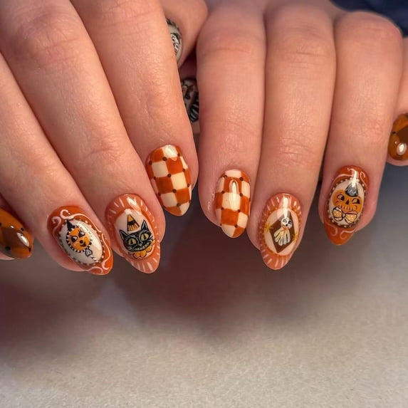 Halloween Press On Nails 4 Styles 24 Pcs, Spooky Fake Nails Set with Pumpkin Bat Drip Blood Web Designs, Reusable False Nail Tips for Halloween Party, DIY Home Manicure Kit for Women Girls