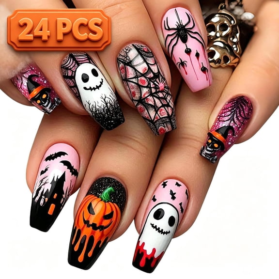 Halloween Press On Nails Acrylic Nails Medium Coffin Fake Nails False Nails Artificial Nails Wearable Stick On Nail Tips, Pumpkin Ghost Spider Web Reusable Salon DIY Manicure Nails for Women 24PCS