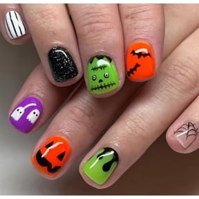 Halloween Press on Nails Extra Short Squoval Fake Nails Ghost Pumpkin Bat Monster Spider Web Striped Glitter Full Cover Adhesive Press Ons Acrylic False Nails Nail Tips for Holiday Party 24 Pcs