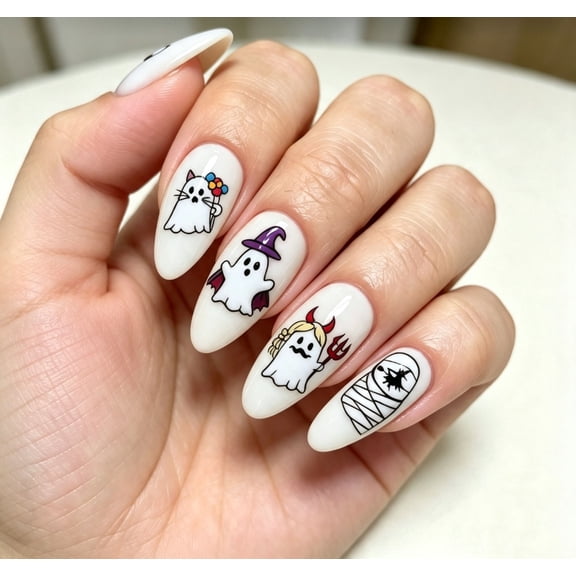 Halloween Press on Nails Long Almond, Milky White False Nails with Cute Cartoon Ghost Cat Witch Devil Mummy Print, Glossy Kawaii Fake Nails for Halloween Party Manicure Decor, 24Pcs