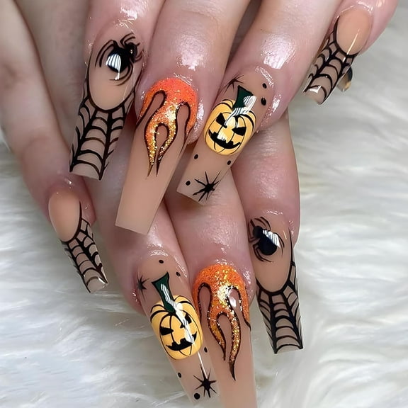 Halloween Press on Nails Long Coffin Fake Nails White Spider Web Black Full Cover False Nails with Spider Designs Matte Glue on Nails Artificial Acrylic Nails for Women Girls 24 Pcs Halloween
