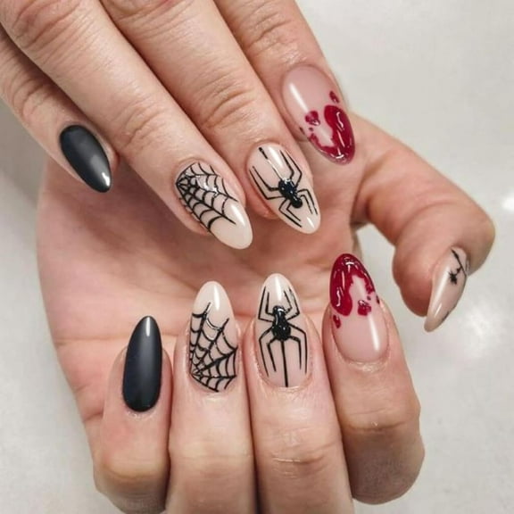 Halloween Press on Nails Long Stiletto Fake Nails Ghost False Nails with Design Spider Web Glue on Nails Reusable Glossy Acrylic Nail Full Cover Black White Stick on Nails for Women Manicure 24Pcs