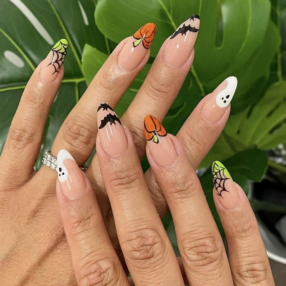Halloween Press on Nails Long Stiletto Fake Nails Ghost False Nails with Design Spider Web Glue on Nails Reusable Glossy Acrylic Nail Full Cover Black White Stick on Nails for Women Manicure 24Pcs