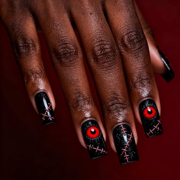 Halloween Press On Nails Medium 24Pcs, Horror Red Eye Stitching Fake Nails, Long Almond Shape with Bold Bloodshot Eye and Stitch Pattern, Glossy Finish Reusable False Nail Tips for Women