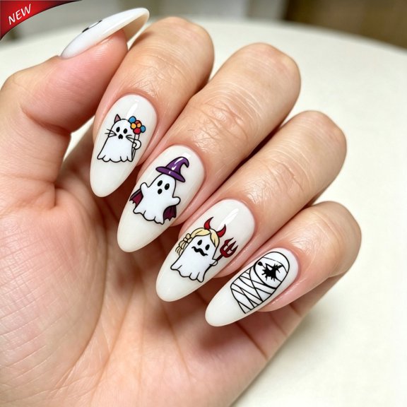 Halloween Press On Nails Medium Almond, Cute Cartoon Fake Nails, Ghost Devil Mummy White Base Stick On False Nails, 24Pcs Resin Reusable Wearable Nail Tips for Women Girls Halloween Party Manicure