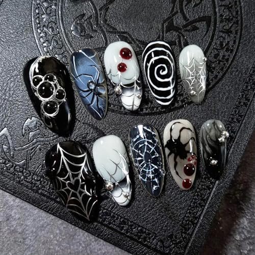 Halloween Press on Nails Medium Almond French Tip Fake Nails 3D Black False Nails with Spider Web Steel Ball Charms Designs Glossy Glue on Nail Acrylic Nails for Women Girls 24Pcs