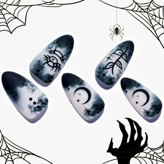 Halloween Press on Nails Medium Almond, Gothic Black Ombre French Tip Glue on Gel Nails, Stiletto Acrylic False Nails Kits Resuable UV Finish Stick on Static Nails for Women Girls D2-Gothic Haze