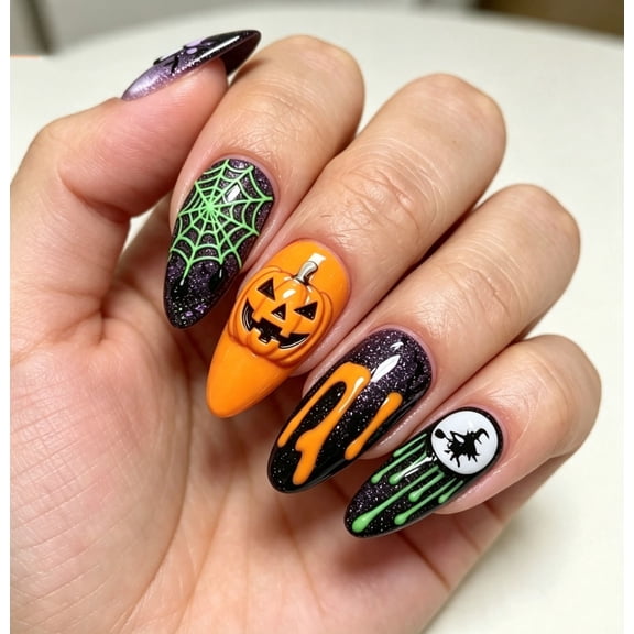 Halloween Press on Nails Medium Almond, Purple Black Glitter False Nails with Pumpkin Spider Web Witch Drip Print, Glossy Spooky Fake Nails for Halloween Party Manicure Decor, 24Pcs