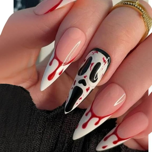 Halloween Press on Nails Medium Length Almond Fake Nails with Ghost Face Design Glossy Full Cover Glue on Nails, Horror Blood Drops Press on False Nails Acrylic Stick On Nails for Women Girls 24PCS
