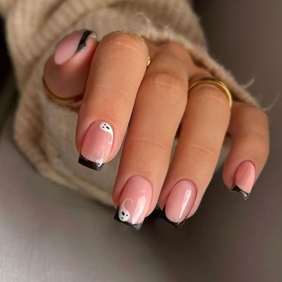 Halloween Press on Nails Medium Square French Fake Nails White Spider Web Full Cover Nightmare Nails Christmas Nails Glossy False Nails Artificial Acrylic Nails for Women Girls 24 Pcs Halloween