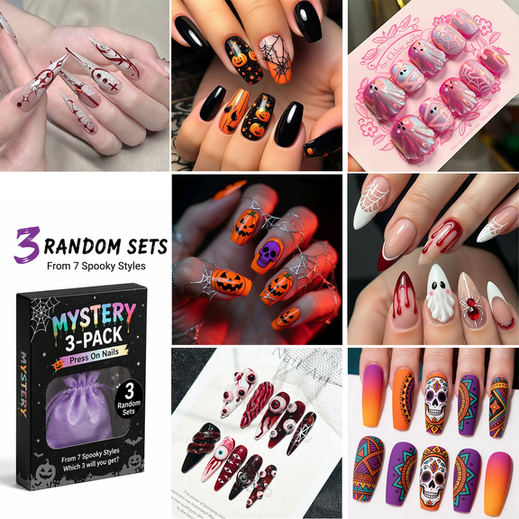 Halloween Press On Nails Mystery 3-Pack for Women, Random Assorted Fake Nails, Glossy Reusable Full Cover Stick On Nails, Salon Quality Halloween Designs