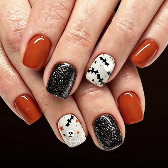 Halloween Press On Nails Short 24Pcs, Orange Black Glitter Fake Nails with Skull Skeleton Pattern, Reusable Glossy False Nail Tips for Women, Spooky Party Artificial Nails Set
