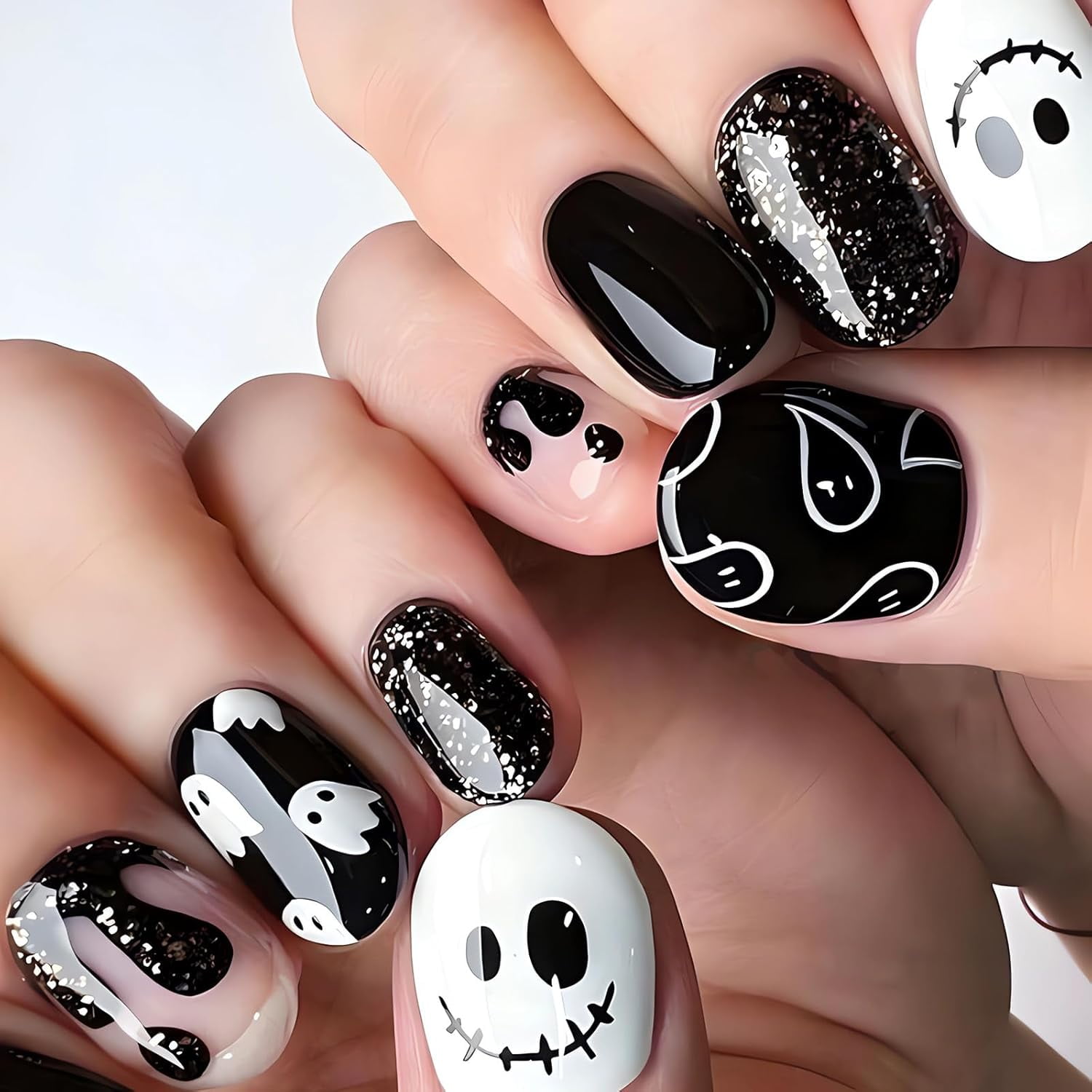 Halloween Press on Nails Short Square Halloween Fake Nails Black White