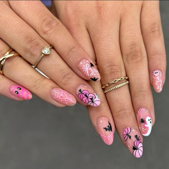 Halloween Press-On Nails, 24 Pcs Cute & Edgy Design with Pink Spider Web & Cartoon Pumpkin, Full Cover Fake Nails for Holiday Party Cosplay
