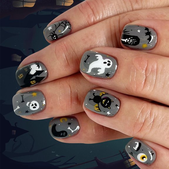 Halloween Press On Nails 24PCS Featuring Horror Skeletons And Cobweb Not Required Tools
