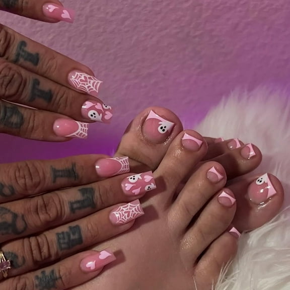 Halloween Press-On Nails, 48 Pcs Removable Almond/Short Square Nails with 3D Heart Spider Web, Y2K E-Girl Sweet & Edgy Manicure Kit for Costume Party Cosplay