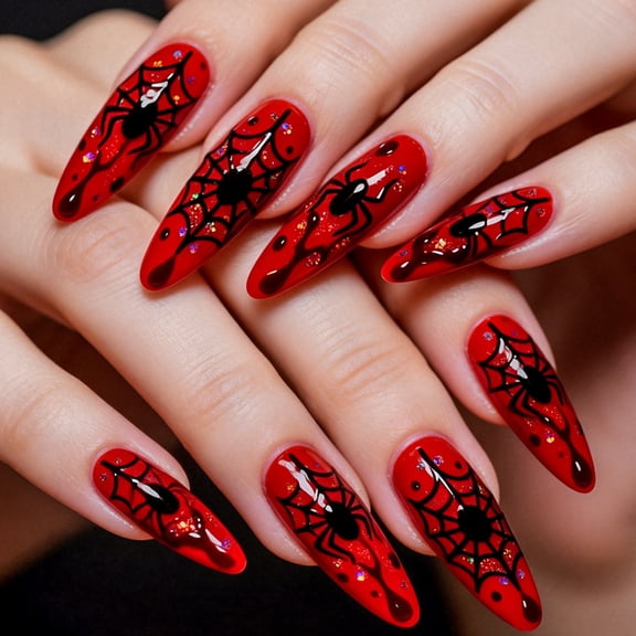 Halloween Press On Nails, Acrylic Red Goth Fake Nails with Embossed Spider Web Design, 24 Pcs for Women Party Makeup