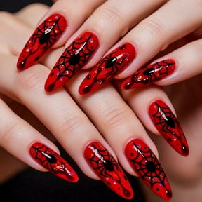 Halloween Press On Nails, Acrylic Red Goth Fake Nails with Embossed Spider Web Design, 24 Pcs for Women Party Makeup