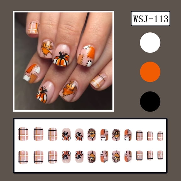 Halloween Press On Nails, Cute Spooky Pattern Halloween Nails, Medium Reusable Pumpkin Ghost Web Fake Nail Tips For Holiday Party