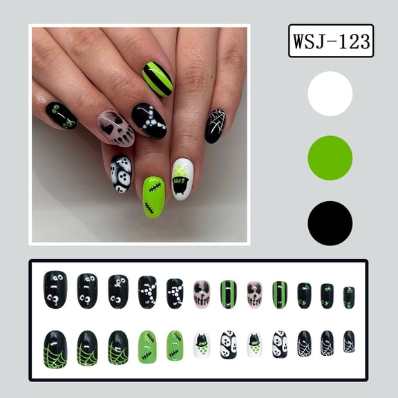 Halloween Press On Nails, Lime Green Ghost Witch Cauldron Halloween Nails, Short Reusable Spooky Fake Nail Tips For Cosplay