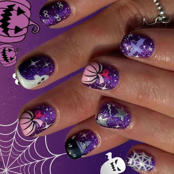Halloween Press On Nails Plastic Artificial Nails Featuring Ghostly And Pumpkin Bat Designs For Costume Parties