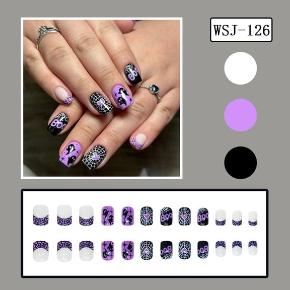 Halloween Press On Nails, Purple Ghost Cobweb Short Style Halloween Nails, Reusable Spooky Fake Nail Tips For Holiday Outfit