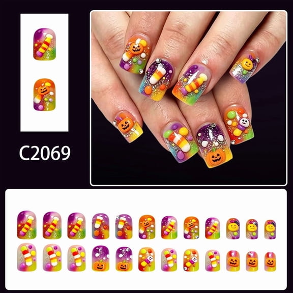 Halloween Press On Nails, Short Gradient Pumpkin Ghost Candy Corn Halloween Nails, 24Pcs Reusable Glitter Fake Nail Tips For Party Manicure